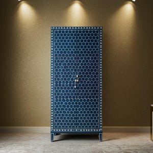 Handcrafted Blue Bone Inlay Cabinet with Honeycomb Inlay | Luxury Cabinet | Living Room Furniture