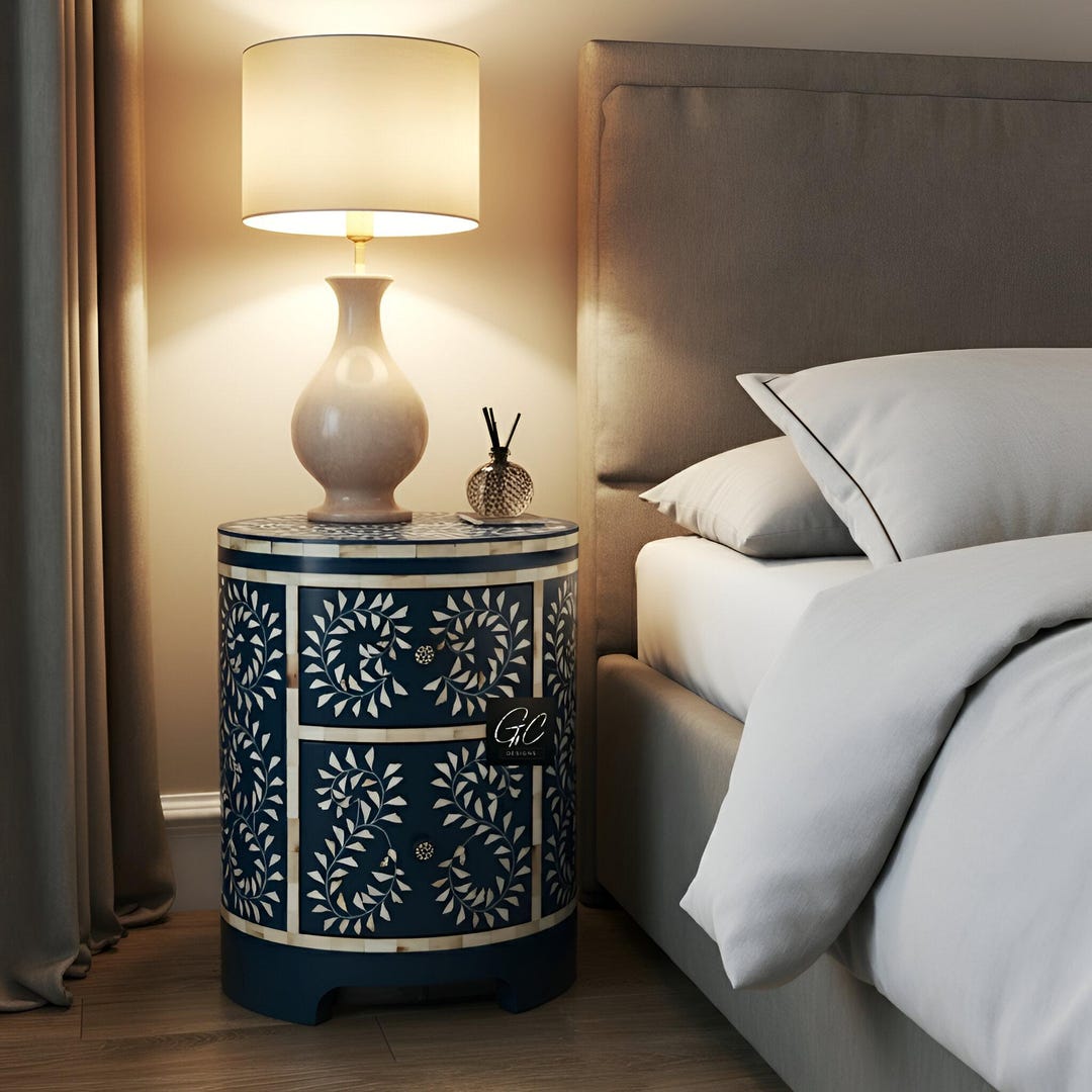 Round Navy Blue Leaf Pattern Side Table | Bone Inlay Round End Table ...