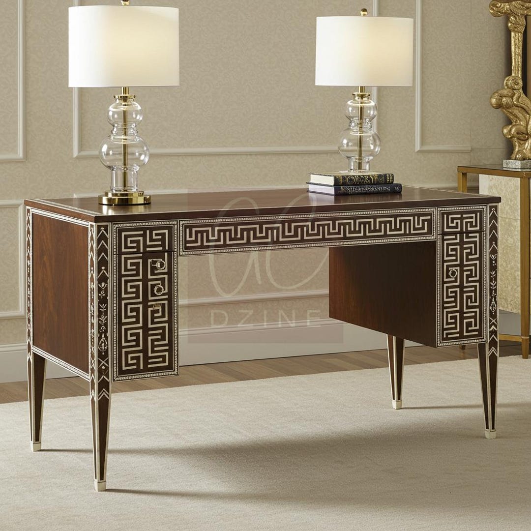 Handcrafted Bone Inlay Desk: Brown Wood With Greek Key Design - Etsy