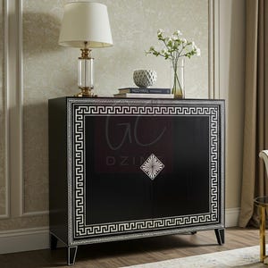 Handcrafted Black Bone Inlay Cabinet with Greek Key Inlay | Luxury Cabinet | Living Room Furniture