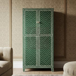 Handcrafted Green Bone Inlay Cabinet with Herringbone Inlay | Luxury Cabinet | Living Room Furniture