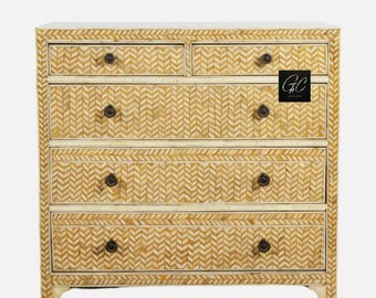 Handcrafted Bone Inlay Chest: Yellow Herringbone 5-Drawer Dresser