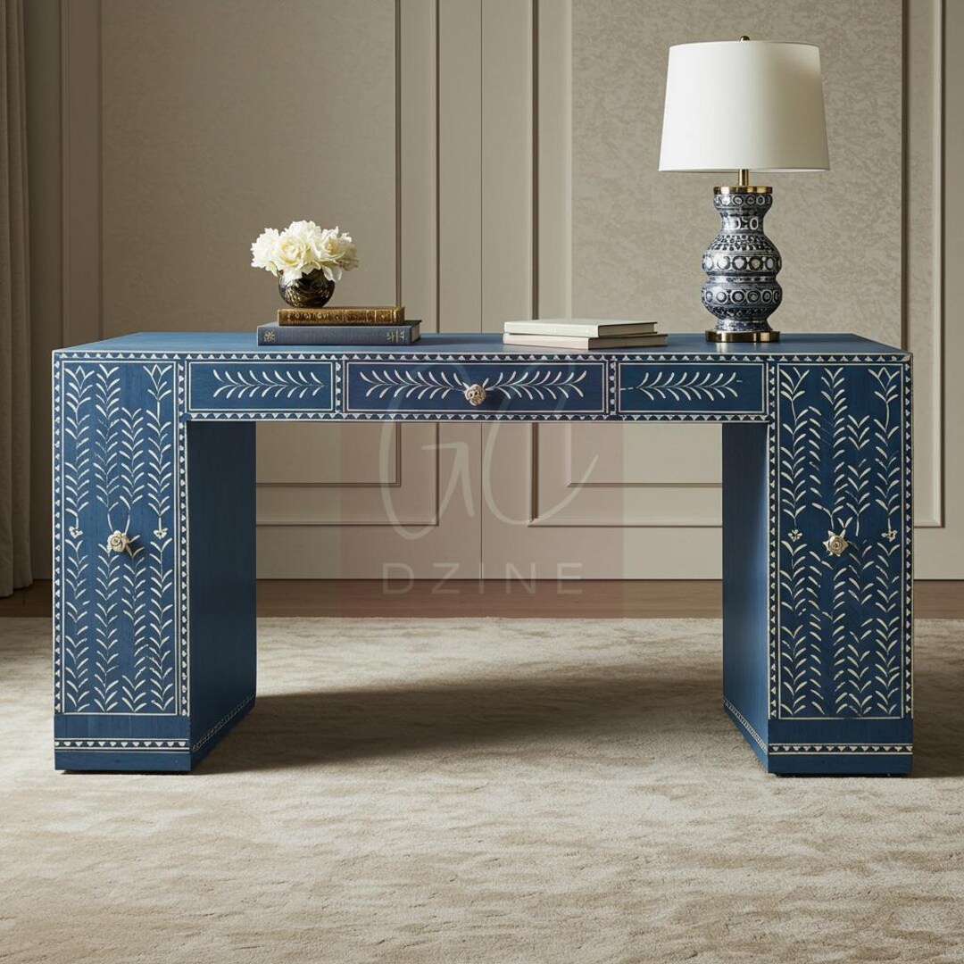 Handcrafted Blue Bone Inlay Desk: Herringbone Luxury Furniture - Etsy ...