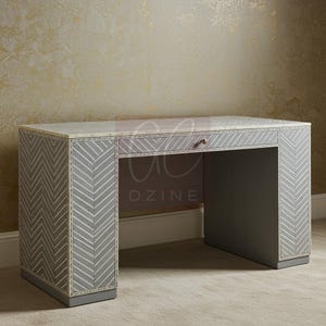 Handcrafted Gray Bone Inlay Desk with Chevron Inlay | Luxury Desk | Living Room Furniture