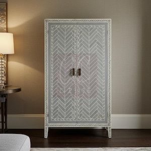 Handcrafted Gray Bone Inlay Cabinet with Herringbone Inlay | Luxury Cabinet | Living Room Furniture