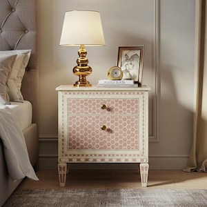 Handcrafted Pink Bone Inlay Nightstand with Honeycomb Inlay | One Drawer | Luxury Bedside | Bedroom Furniture