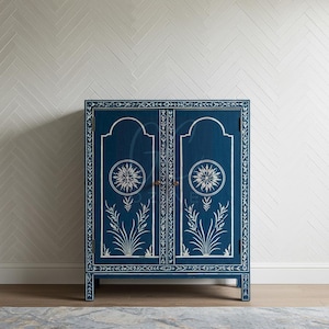 Handcrafted Blue Bone Inlay Cabinet with Herringbone Inlay | Luxury Cabinet | Living Room Furniture