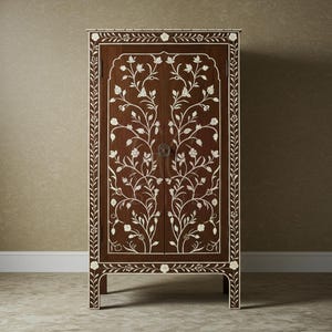 Handcrafted Brown Bone Inlay Cabinet with Floral vine Inlay | Luxury Cabinet | Living Room Furniture
