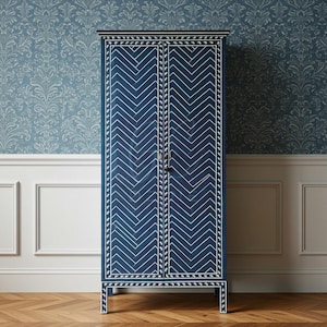 Handcrafted Blue Bone Inlay Cabinet with Herringbone Inlay | Luxury Cabinet | Living Room Furniture