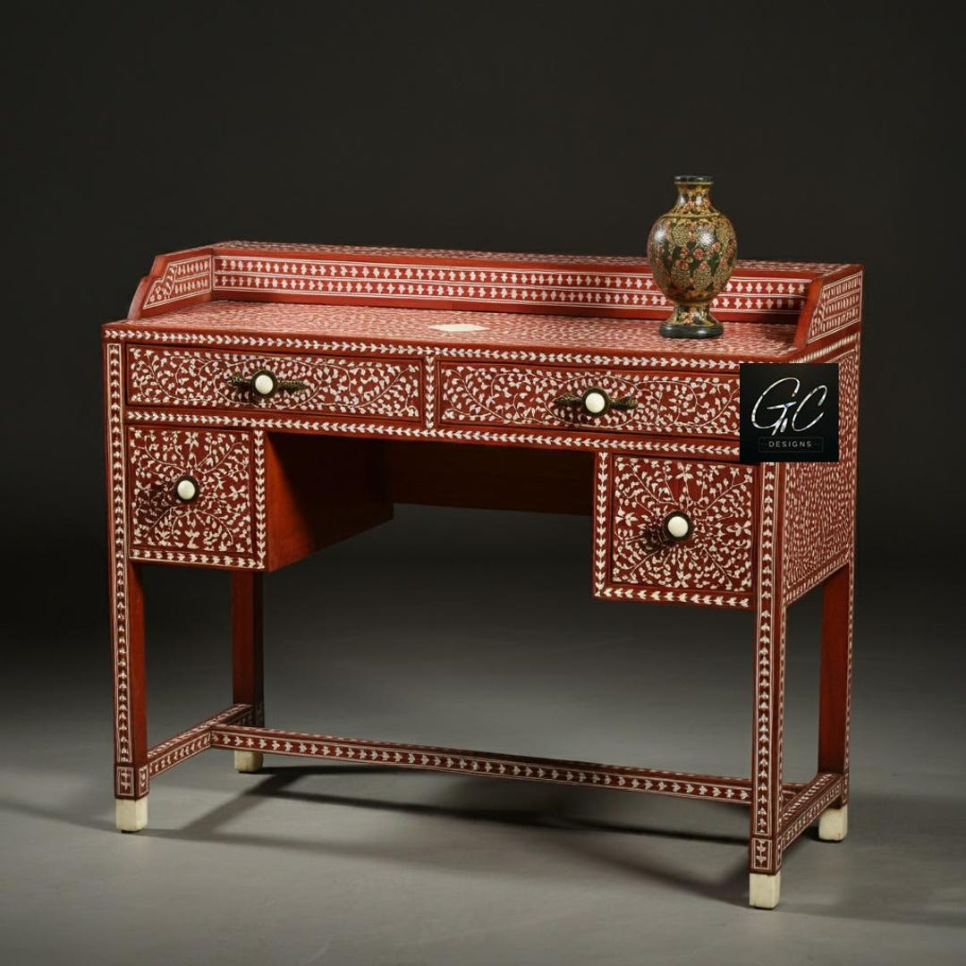 Ruby Red Desk 4 Drawer Red Desk With Leg Rest | Floral Pattern Study Desk | Red Bone ...