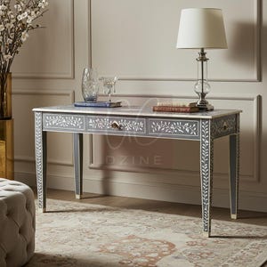 Handcrafted Gray Bone Inlay Desk with Floral vine Inlay | Luxury Desk | Living Room Furniture