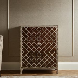 Handcrafted Brown Bone Inlay Cabinet with Quatrefoil Inlay | Luxury Cabinet | Living Room Furniture