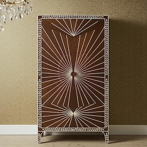 Handcrafted Brown Bone Inlay Cabinet with Sunburst Inlay | Luxury Cabinet | Living Room Furniture