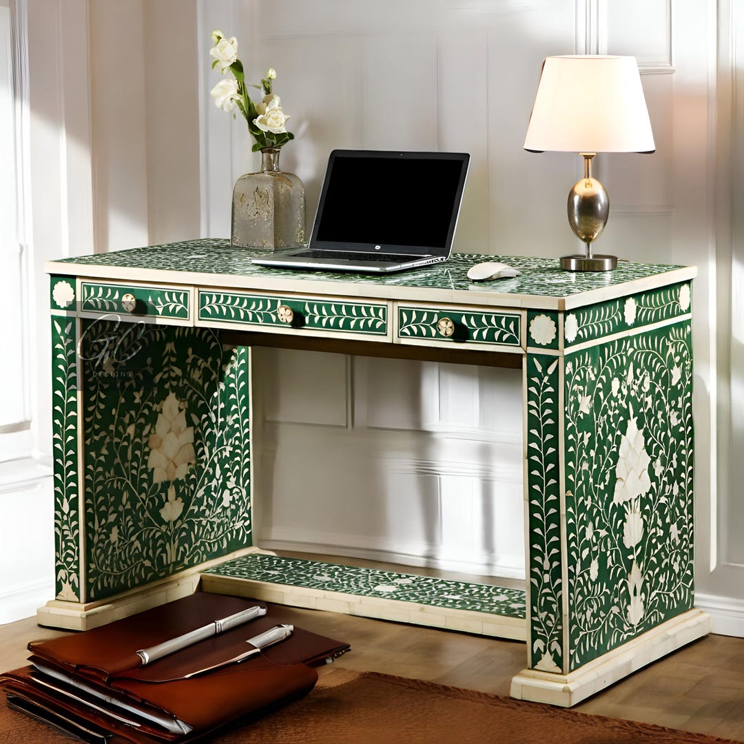 3 Drawer Office Desk With Leg Rest | Floral Pattern Office Desk | Green ...