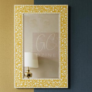 Handcrafted Yellow Bone Inlay Mirror: Floral Vine Design