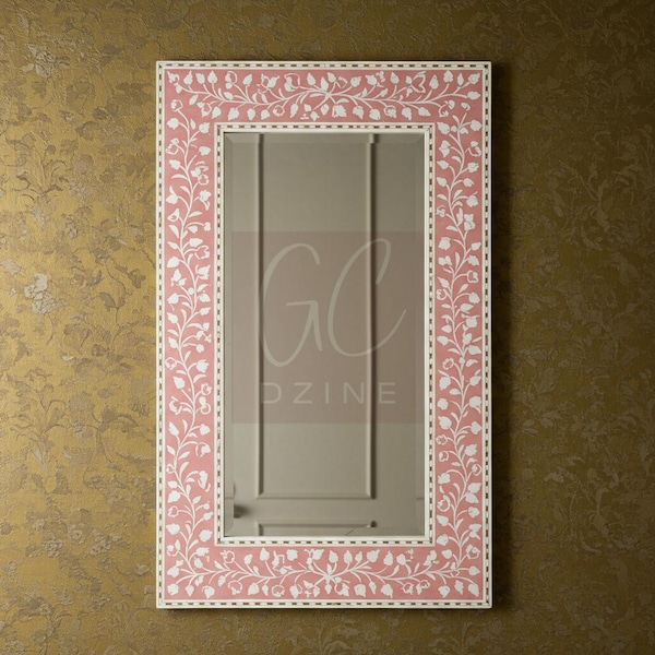 Handcrafted Pink Bone Inlay Mirror: Floral Vine, Luxury Furniture