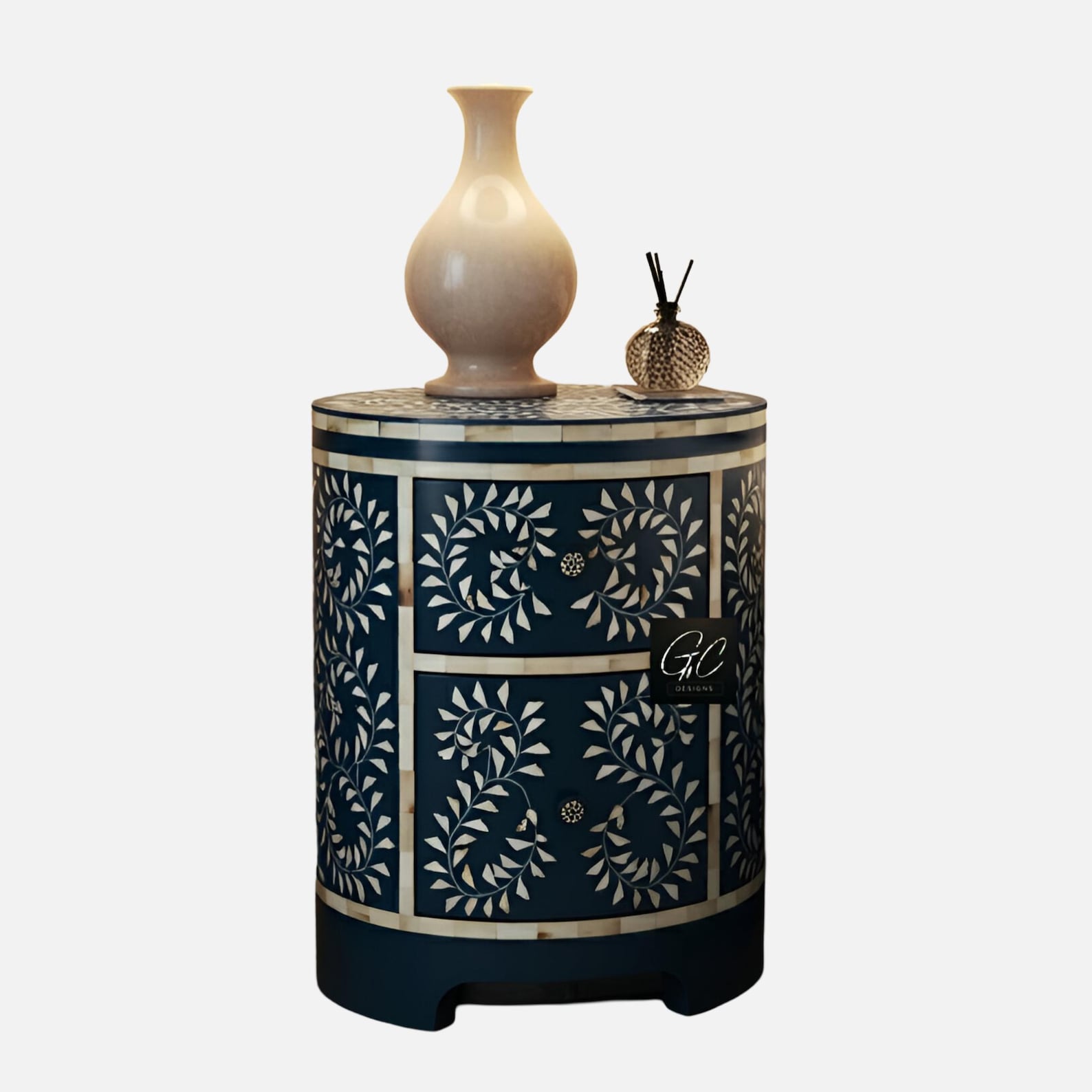 Round Navy Blue Leaf Pattern Side Table | Bone Inlay Round End Table ...