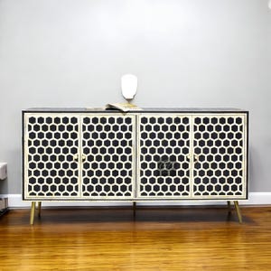 Bone Inlay Four Door Cabinet | Cabinets Honey comb design cabinet for Home | Black Honey Comb Cabinet | Metal Stand | Storage Cabinet