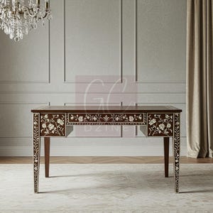 Handcrafted Brown Bone Inlay Desk with Floral vine Inlay | Luxury Desk | Living Room Furniture
