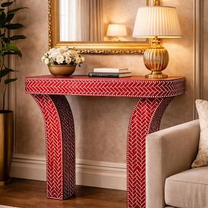 Handcrafted Red Bone Inlay Console Table: Herringbone Accent