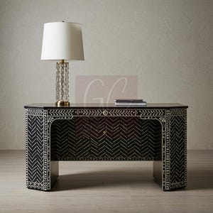 Handcrafted Black Bone Inlay Desk with Chevron Inlay | Luxury Desk | Living Room Furniture