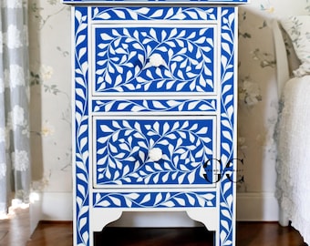 Mesita de noche con incrustaciones de hueso hecha a mano: mesita de noche con diseño floral marroquí