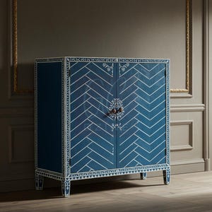 Handcrafted Blue Bone Inlay Cabinet with Chevron Inlay | Luxury Cabinet | Living Room Furniture