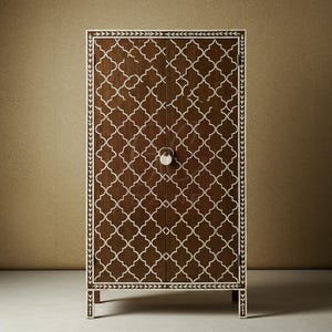 Handcrafted Brown Bone Inlay Cabinet with Quatrefoil Inlay | Luxury Cabinet | Living Room Furniture