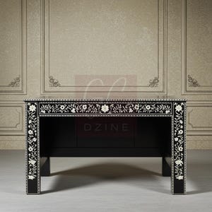 Handcrafted Black Bone Inlay Desk with Floral vine Inlay | Luxury Desk | Living Room Furniture