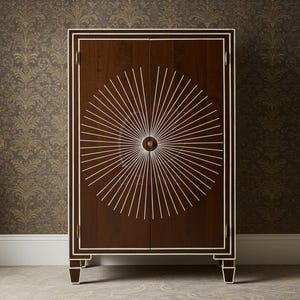 Handcrafted Brown Bone Inlay Cabinet with Sunburst Inlay | Luxury Cabinet | Living Room Furniture