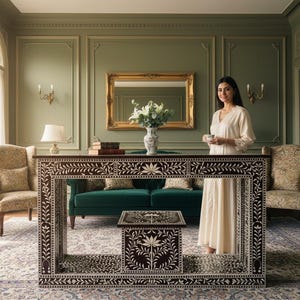 Luxury Bone Inlay Console Table, Handmade Floral Vanity Desk, Resin Entryway Table, Artisan Furniture