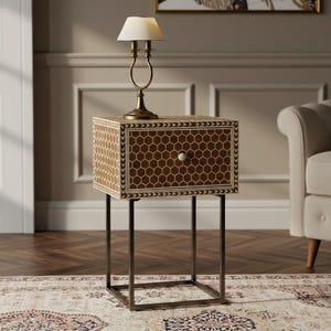 Handcrafted Brown Bone Inlay Nightstand with Honeycomb Inlay | One Drawer | Luxury Bedside | Bedroom Furniture