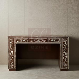 Handcrafted Brown Bone Inlay Desk with Floral vine Inlay | Luxury Desk | Living Room Furniture