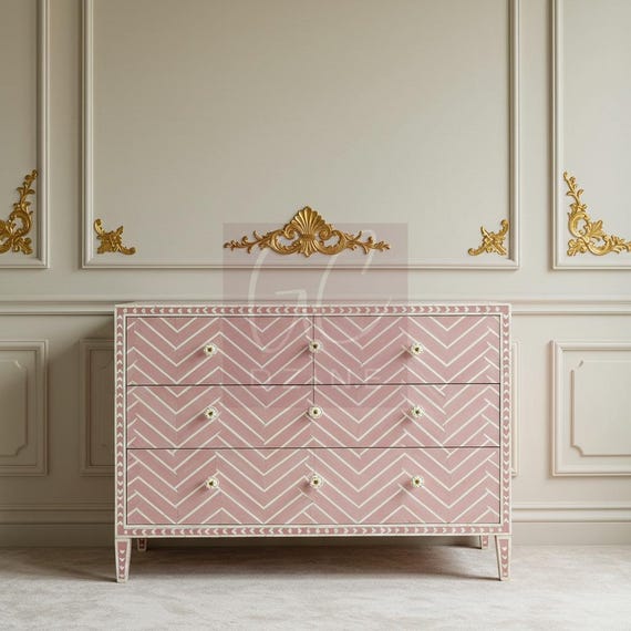 pink bone inlay dresser Handcrafted Pink Bone Inlay Dresser: Chevron Luxury Furniture