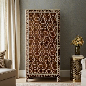 Handcrafted Brown Bone Inlay Cabinet with Honeycomb Inlay | Luxury Cabinet | Living Room Furniture