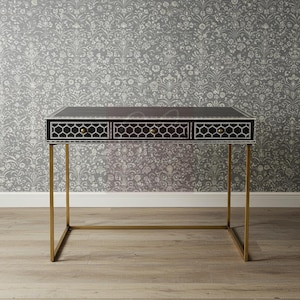Handcrafted Bone Inlay Desk: Black Honeycomb Pattern, Brass Legs