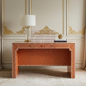 Handcrafted Bone Inlay Desk: Orange Chevron, Luxury Office Furniture