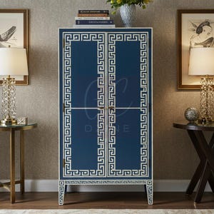 Handcrafted Blue Bone Inlay Cabinet with Greek Key Inlay | Luxury Cabinet | Living Room Furniture