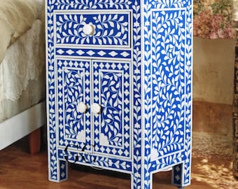 Mesita de noche marroquí con incrustaciones de hueso hecha a mano: azul floral