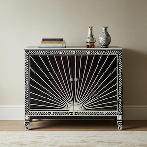 Handcrafted Black Bone Inlay Cabinet with Sunburst Inlay | Luxury Cabinet | Living Room Furniture