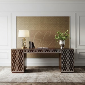 Handcrafted Brown Bone Inlay Desk with Honeycomb Inlay | Luxury Desk | Living Room Furniture