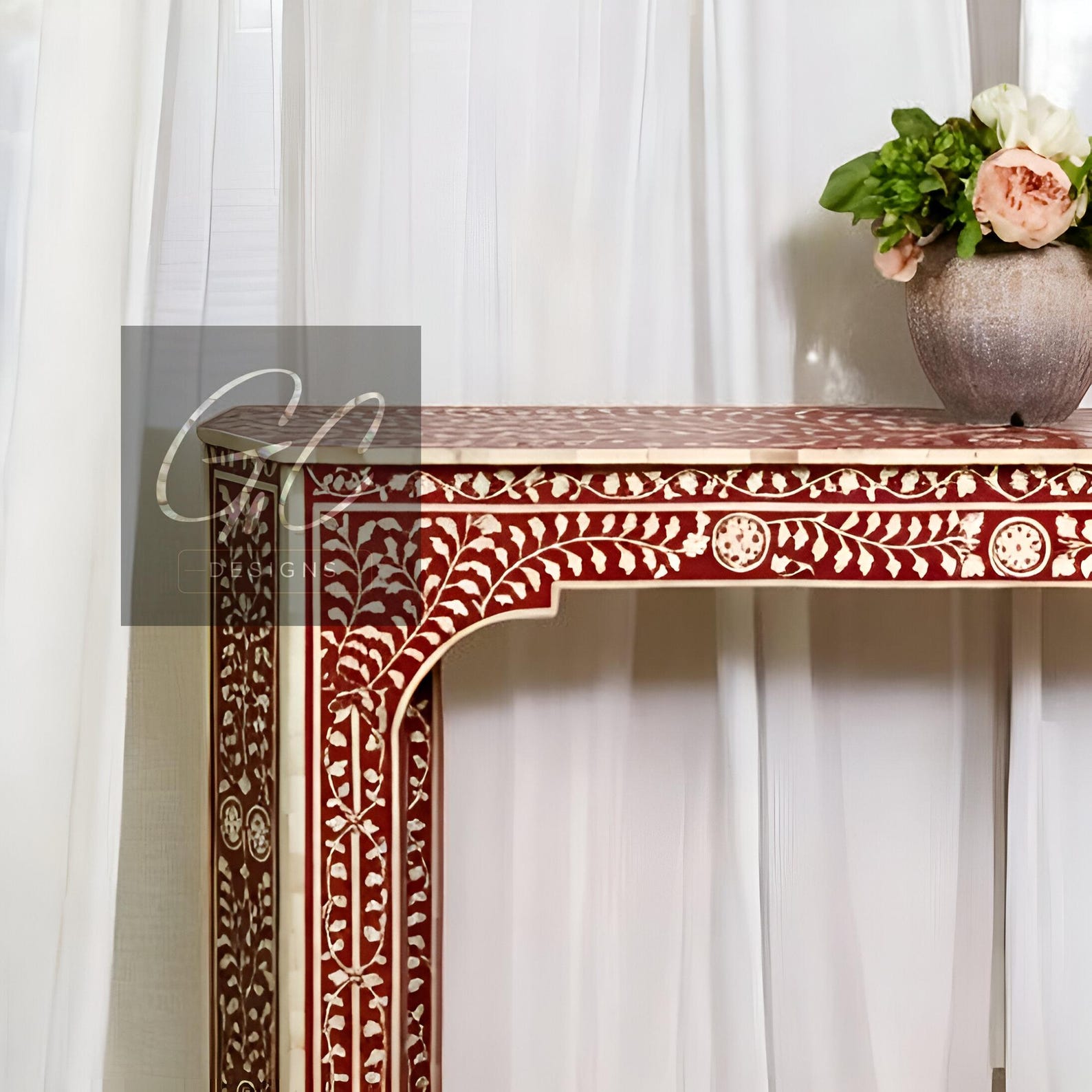 Bone Inlay Console Table Floral Pattern Console Table Heart Shape ...