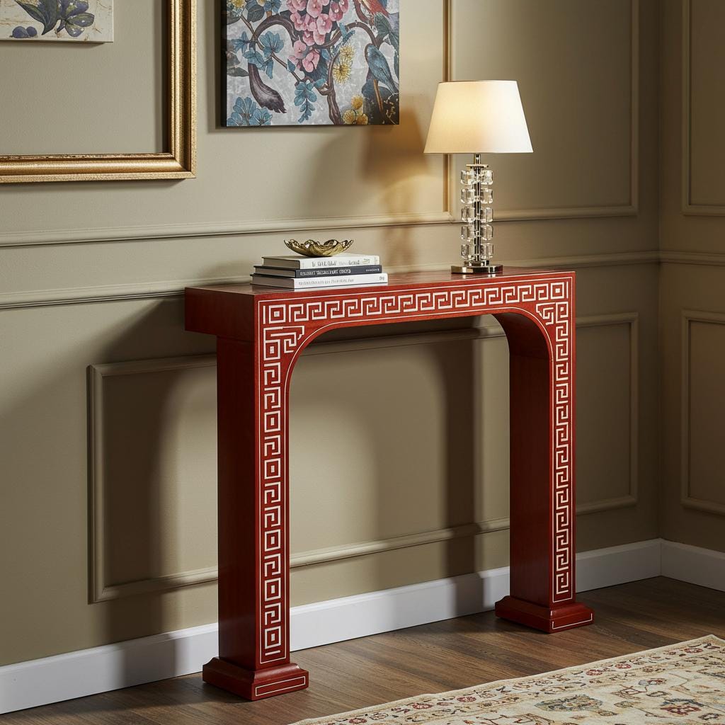 Handcrafted Red Bone Inlay Console Table: Greek Key Accent - Etsy
