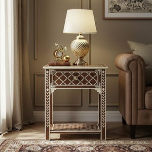 Handcrafted Brown Bone Inlay Nightstand with Quatrefoil Inlay | One Drawer | Luxury Bedside | Bedroom Furniture