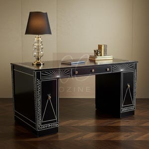 Handcrafted Black Bone Inlay Desk with Sunburst Inlay | Luxury Desk | Living Room Furniture