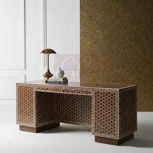 Handcrafted Brown Bone Inlay Desk with Honeycomb Inlay | Luxury Desk | Living Room Furniture