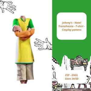 Puede incluir: Un patrón de cosplay para una camiseta de Johnny's Hotel Transylvania. La camiseta es amarilla, verde y naranja, con un panel blanco en la parte delantera. La imagen incluye el texto "Johnny's - Hotel Transilvania - T-shirt - Cosplay pattern" y "ESP - ENGL Sizes 34/50".