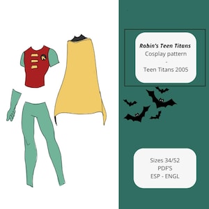 Puede incluir: Un patrón digital para un disfraz de cosplay de Robin de la serie animada Teen Titans 2005. El patrón incluye una camisa roja y amarilla, pantalones verdes, una capa amarilla y una máscara. El patrón está disponible en tallas 34/52 y viene en formato PDF en inglés y español.