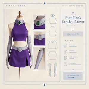 Puede incluir: Un patrón de costura digital para un conjunto de cosplay morado de dos piezas que incluye un top corto tipo halter con cuello de gema verde, una minifalda con cinturón y mangas largas. El texto dice Star Fire's Cosplay Pattern, Teen Titans, Sizes 34-52.