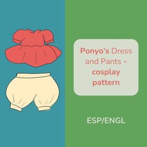 May include: A digital pattern for a red dress and cream-colored pants, with the text "Ponyo's Dress and Pants - cosplay pattern ESP/ENGL" in a green box.
